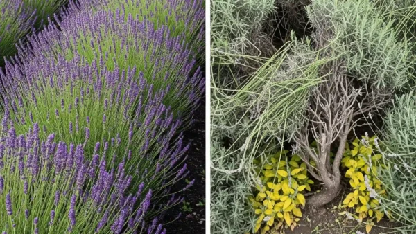 A clear side-by-side comparison illustrating the dramatic impact of lavender spacing. The left shows a perfectly spaced, thriving lavender hedge, with each plant forming a distinct yet harmonious mound, ensuring optimal air circulation and sunlight. The right displays an overcrowded hedge, where plants are jumbled, show signs of leggy growth, bare woody bases, and poor health due to insufficient space and airflow, underscoring the importance of correct plant spacing.