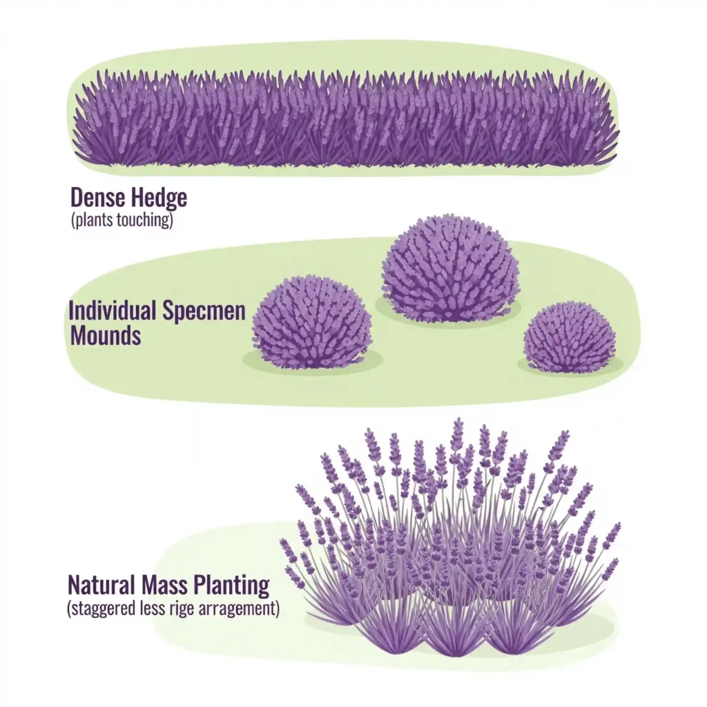 The Gardener's Essential Handbook for Lavender Spacing 3 A clear graphic illustrating how varying lavender spacing can create different garden design styles. Three distinct layouts are shown: 1) "Dense Hedge" with plants closely spaced to form a continuous line; 2) "Individual Specimen Mounds" with plants clearly separated to highlight their unique form; and 3) "Natural Mass Planting" with staggered, slightly irregular spacing for a softer, more organic look. This visual guide empowers gardeners to plan their lavender layout with purpose.
