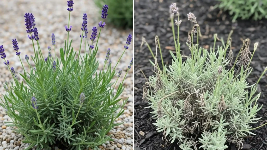 How to Grow Lavender: Your Fail-Proof Guide to Fragrant, Flourishing Plants 2 A comparative image illustrating the correct and incorrect ways to mulch lavender. On one side, a lavender plant is surrounded by stone mulch (light-colored pebbles), which keeps the crown dry and reflects heat. On the other, the same plant is improperly covered with dark, moisture-retaining organic mulch (wood chips), highlighting a common mistake that can lead to root rot and failure in lavender care.