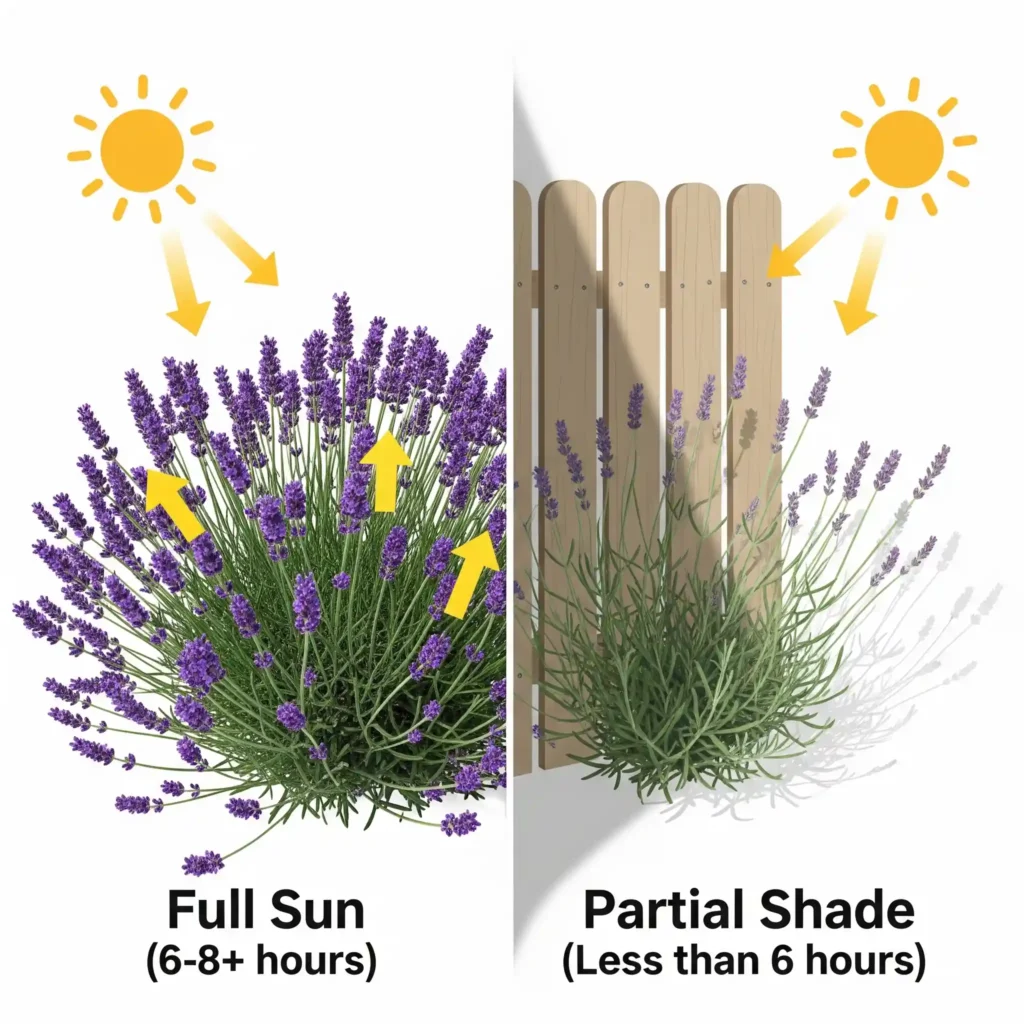 Sunlight Secrets: How Much Sun Does Lavender Really Need? 2 A compelling comparative image illustrating the critical impact of sunlight on lavender health. The left side displays a flourishing, compact, and richly blooming lavender plant basking in bright, direct sun, labeled to signify 6-8+ hours of light. The right side shows a struggling, etiolated (leggy), and sparsely flowering lavender plant, positioned in noticeable shade, indicative of insufficient light. This visual strongly conveys why direct sunlight is paramount for lavender health and abundant blooms.