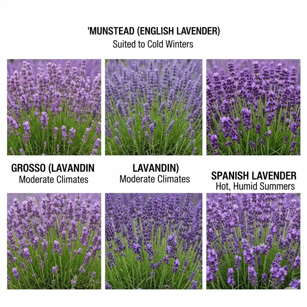 Why Your Lavender is Dying? The Climate Zone Secret to Success 2 An informative visual guide showcasing different lavender varieties matched to their ideal climate suitability. The image displays distinct examples: 'Munstead' (English Lavender) recommended for "Cold Winters," 'Grosso' (Lavandin) for "Moderate Climates," and Spanish Lavender (Lavandula stoechas) for "Hot, Humid Summers." Each plant is healthy and vibrant, illustrating the importance of choosing the right lavender type for your local climate code.