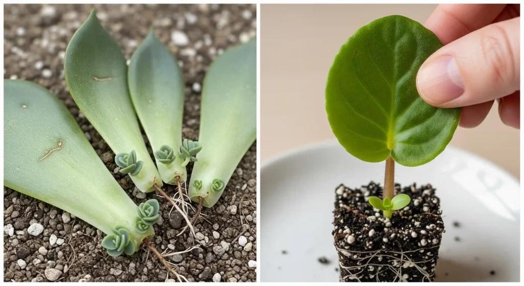 Succulent leaves and an African Violet leaf cutting successfully propagating, showing new plantlets forming from the leaf base.