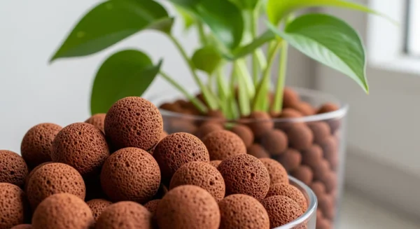 Close-up of porous LECA clay pebbles, representing a modern solution for healthy houseplants and preventing overwatering.
