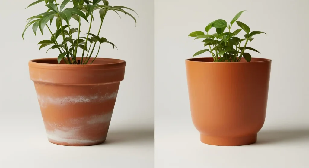 An Effortless Oasis: The Complete Guide to Designing and Moving Your Container Garden 1 A side-by-side comparison of a heavy terracotta pot and a modern lightweight pot, an important choice for mobile container gardening.