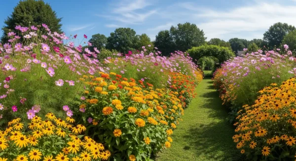 A beautiful low-maintenance flower garden filled with colorful, easy-to-grow zinnias, cosmos, and coneflowers perfect for beginner gardeners.