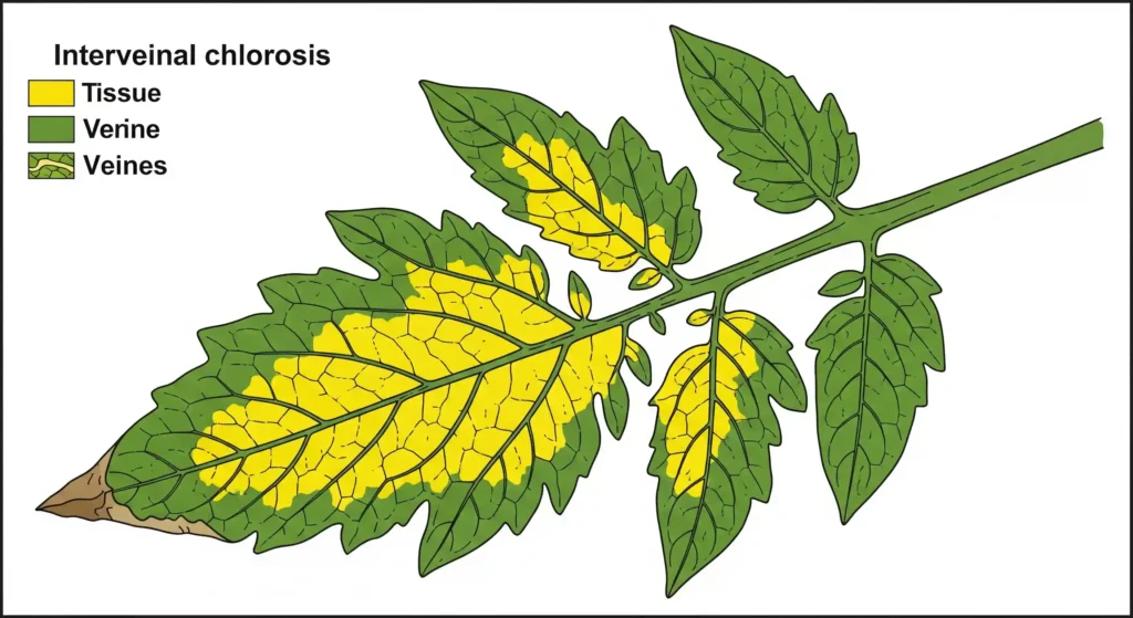 Is Epsom Salt the Secret to Your Best Tomato Harvest Ever? 1  A tomato leaf showing distinct yellowing between green veins, indicative of magnesium deficiency.