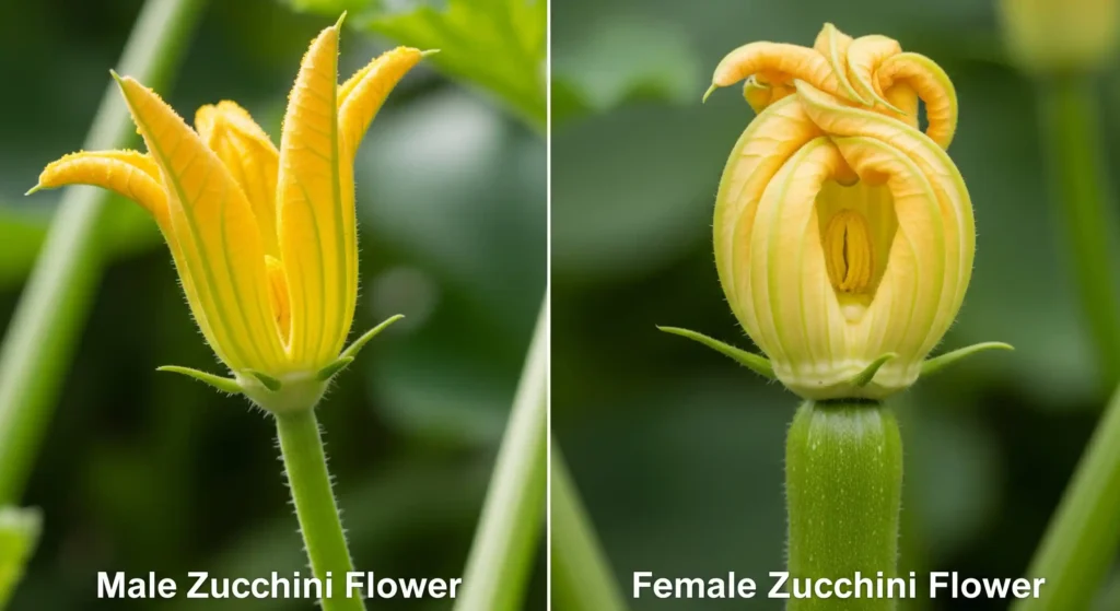 Insufficient Pollination? Get More Zucchini Fruits Using These Pro-Proven Techniques 1 Distinct male and female zucchini flowers are shown side-by-side, highlighting their unique identifying features.