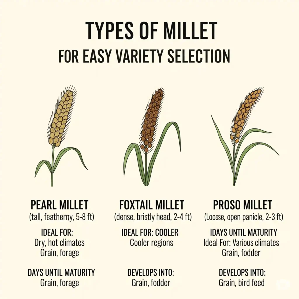 An informative graphic comparing three types of millet for home gardeners: Pearl Millet (Pennisetum glaucum), Foxtail Millet (Setaria italica), and Proso Millet (Panicum miliaceum). Each entry includes a visual representation of its distinctive seed head, along with crucial cultivation details such as ideal uses, days until maturity, and mature plant height, aiding in informed millet variety selection for different gardening goals.