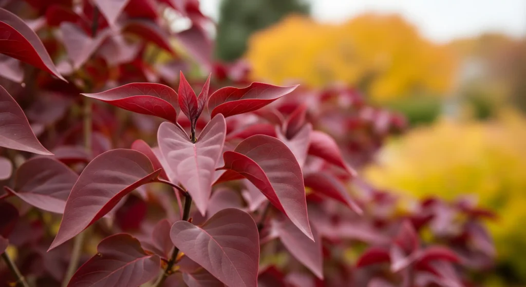 Vibrant burgundy-red fall foliage of a 'Miss Kim' Lilac, highlighting its exceptional autumn color interest for a flowering shrub.