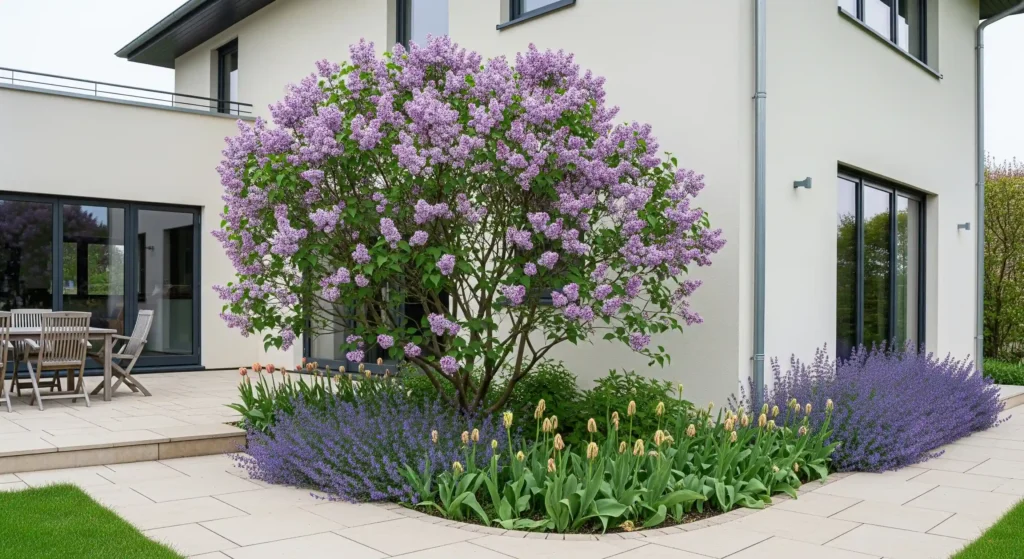 A 'Miss Kim' Lilac used effectively as a fragrant foundation plant in a landscape design, complemented by other perennials like catmint.
