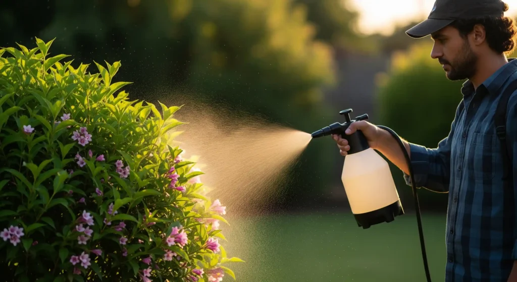 A gardener applying Neem oil spray to a Weigela shrub, a key organic treatment for controlling spider mites effectively.
