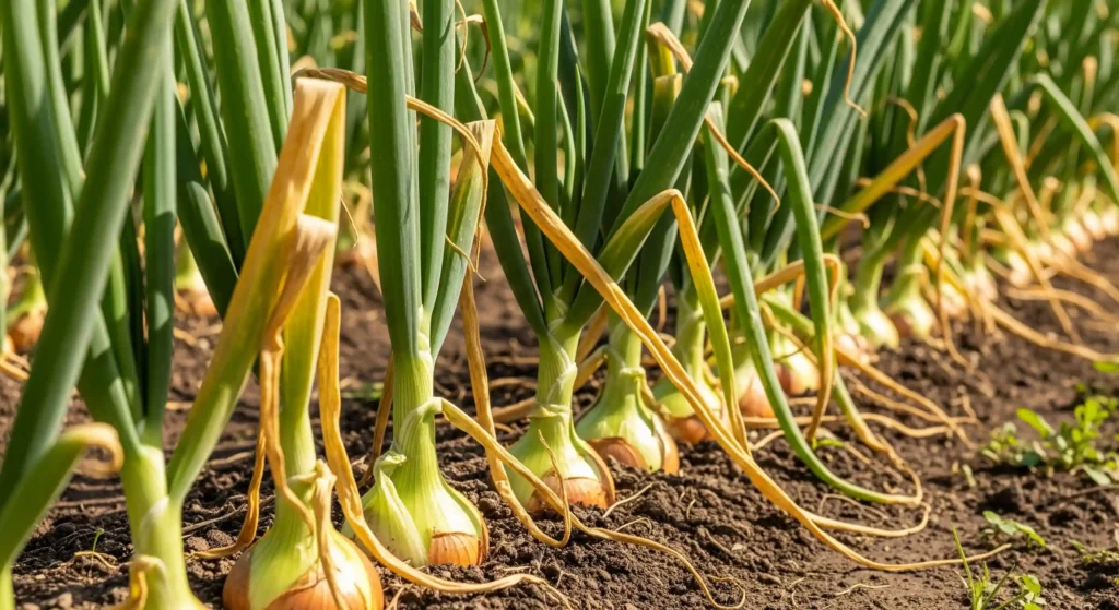 Mature onion plants in a garden with half of their green tops yellowing and flopping over, signaling readiness for harvest.