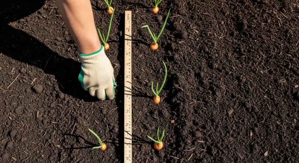 Overhead view of a gardener spacing onion plants in well-prepared, compost-rich soil for optimal bulb growth.