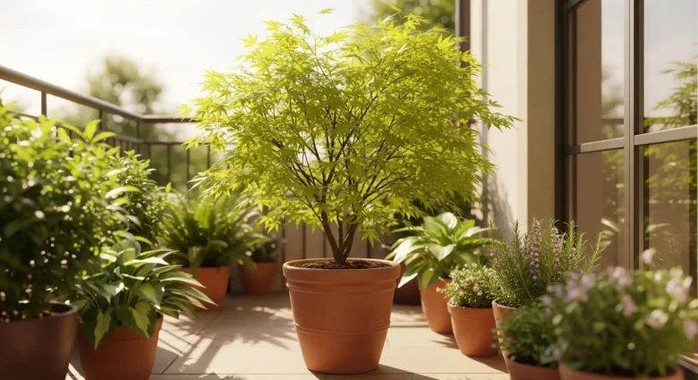 A serene patio scene featuring a healthy Japanese Maple in a terracotta pot, showcasing container gardening.