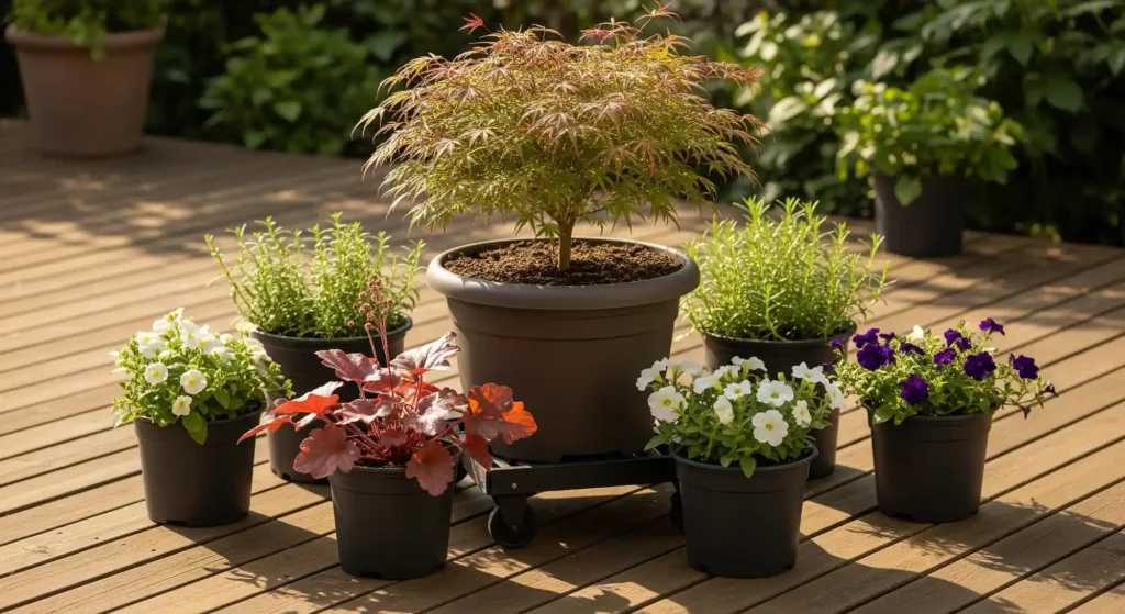 An Effortless Oasis: The Complete Guide to Designing and Moving Your Container Garden 2 A beautiful patio container garden arranged in a 'Hubs and Spokes' design, allowing for a lush look with easy mobility.