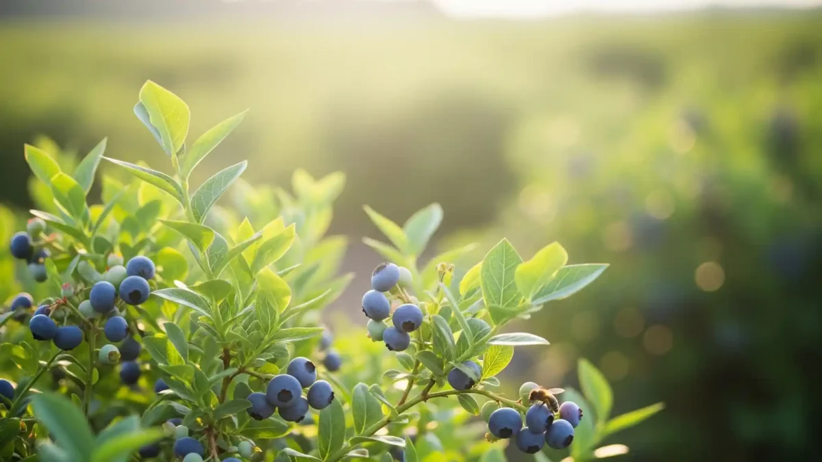 A serene and vibrant image of a blueberry field under bright summer sunlight, evoking a sense of peaceful delight. Rows of lush green blueberry bushes are abundant with dark, plump, blue-purple berries ready for picking. Dappled sunlight illuminates the scene, hinting at the ideal conditions for a successful harvest. This visual represents the vast and beautiful blueberry picking season that sweeps across the nation during summer.