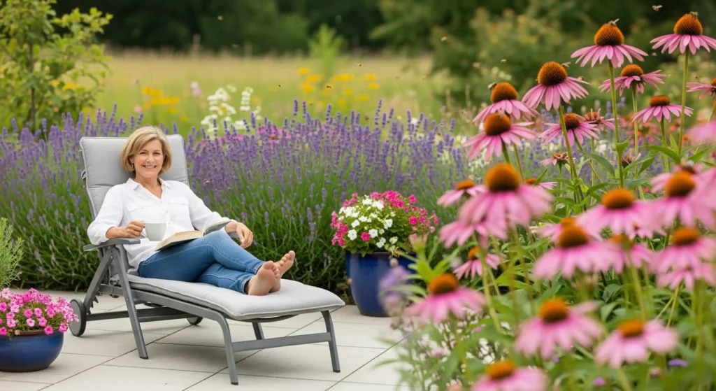 Enjoy Your Patio in Peace: The Surprising Plants That Tell Bees to Buzz 4 A serene patio area designed to be bee-free, with a vibrant bee-friendly garden nearby, showing peaceful coexistence.