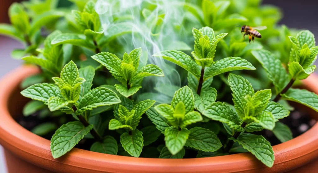 Enjoy Your Patio in Peace: The Surprising Plants That Tell Bees to Buzz 1 Vibrant peppermint leaves in a pot, emitting a strong scent that deters bees.