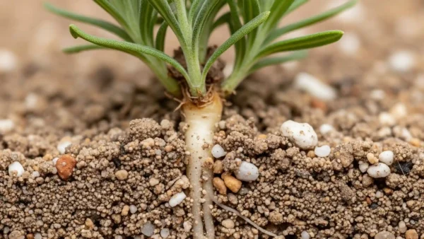 A detailed macro photograph showing the ideal gritty soil texture for lavender. The image reveals a loose, airy mixture of sandy soil, coarse sand, and fine gravel, creating large pores that are perfect for root health and drainage. A healthy, white lavender root can be seen growing through the mix, a testament to a well-structured soil that prevents root rot and promotes vigorous growth by allowing roots to breathe.
