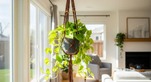 A beautiful macrame plant hanger gracefully holding a perfectly trailing houseplant in a sunlit living room.
