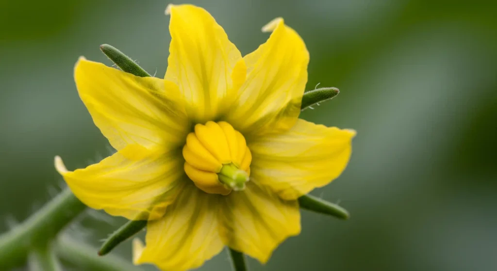 Macro view of a single yellow tomato flower, showcasing its perfect flower anatomy with both male and female parts.