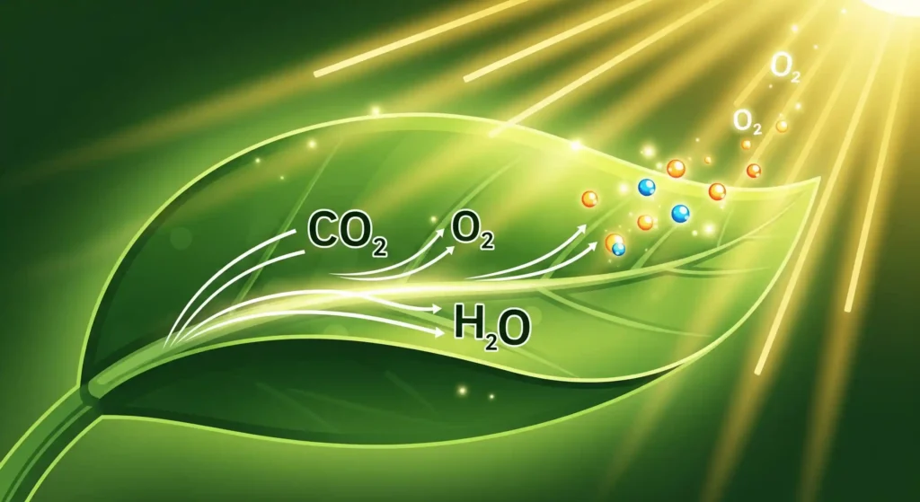 Illustration depicting plant photosynthesis, showing a leaf converting sunlight, water, and CO2 into its own sugar energy.