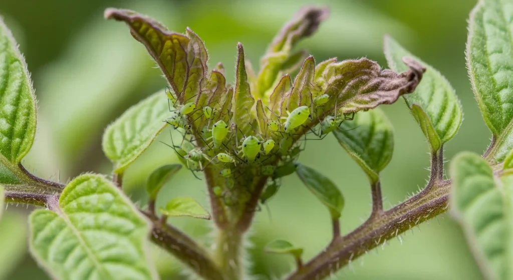  Close-up of green aphids infesting new leaves on a tomato plant, highlighting a common garden pest problem.