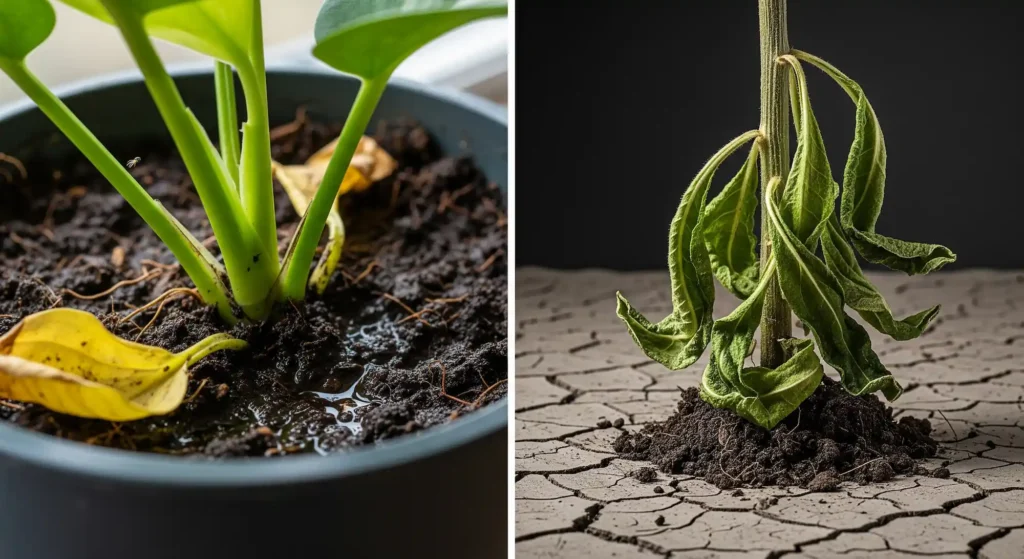 Visual comparison showing a plant suffering from overwatering with yellow leaves and one from underwatering with drooping, crispy leaves.