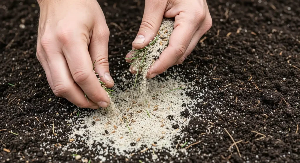Hands spreading grass seed mixed with sand over damp soil, illustrating the proper technique for planting in wet areas.