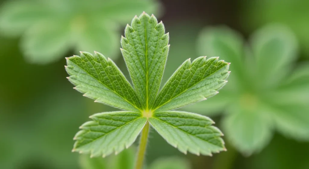 A close-up view of a Potentilla leaf showing its distinctive five-leaflet, hand-like structure, giving it the common name "Five Fingers."