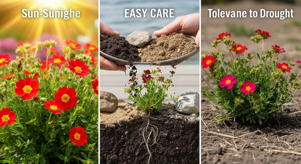 A composite image illustrating Potentilla's easy care. Panel 1 shows strong, direct sunlight beaming down on a vibrant Potentilla. Panel 2 shows a hand sifting through various soil types (clay, sandy, rocky), with a Potentilla root thriving. Panel 3 shows a Potentilla looking healthy in dry, un-watered ground.