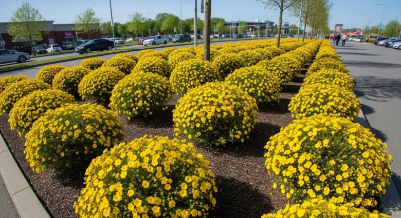 Vibrant yellow Potentilla shrubs blooming profusely in a commercial landscape setting, showcasing their common use and dependable nature.