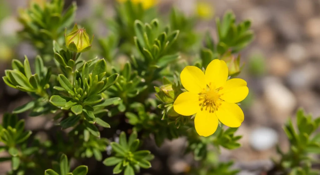  A close-up shot of a Potentilla shrub's delicate, almost fern-like green leaves and its simple, five-petaled, saucer-shaped yellow flower. The background subtly suggests a challenging environment, like rocky soil or a windswept plain, emphasizing its inherent toughness and ability to thrive where others struggle.