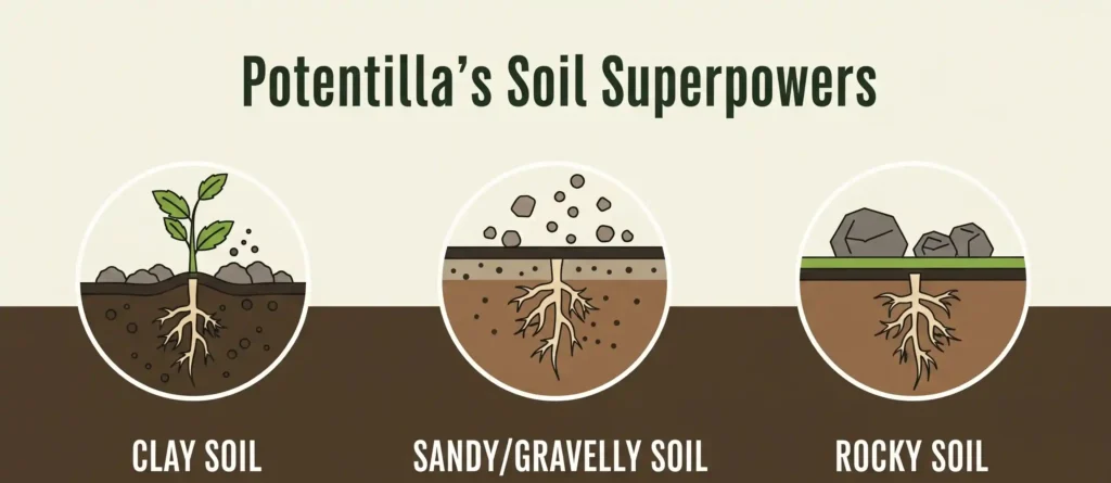 An infographic illustrating Potentilla's remarkable soil tolerance, showcasing its ability to thrive in clay, sandy, and rocky conditions.