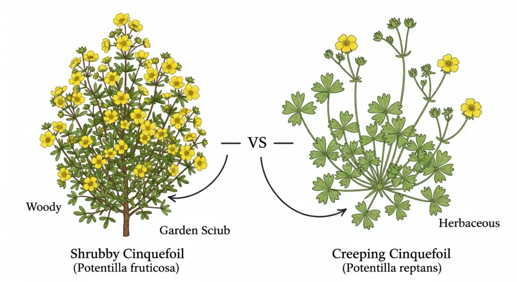 A graphic comparing Shrubby Cinquefoil (Potentilla fruticosa) and Creeping Cinquefoil (Potentilla reptans), highlighting their distinct growth habits and uses.