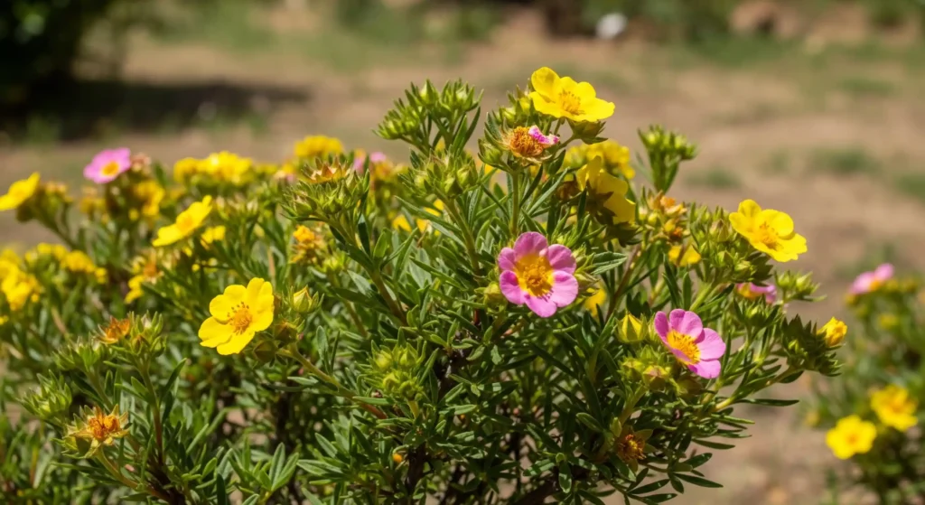 A vibrant Potentilla shrub blooming profusely under strong summer sun, demonstrating its exceptional heat tolerance and enduring beauty.
