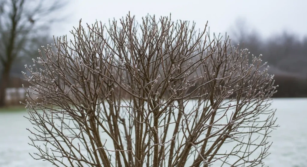 A dormant Potentilla shrub covered in a light dusting of snow, showcasing its exceptional cold hardiness in winter.