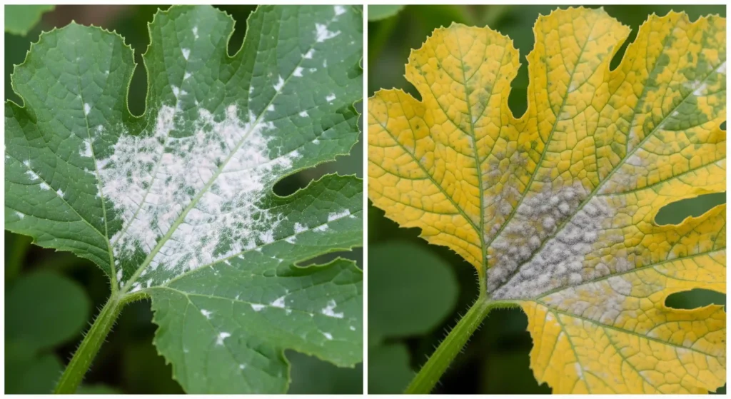 Visual comparison illustrating powdery mildew (white on top) versus downy mildew (yellow spots, fuzzy underside) on zucchini leaves.