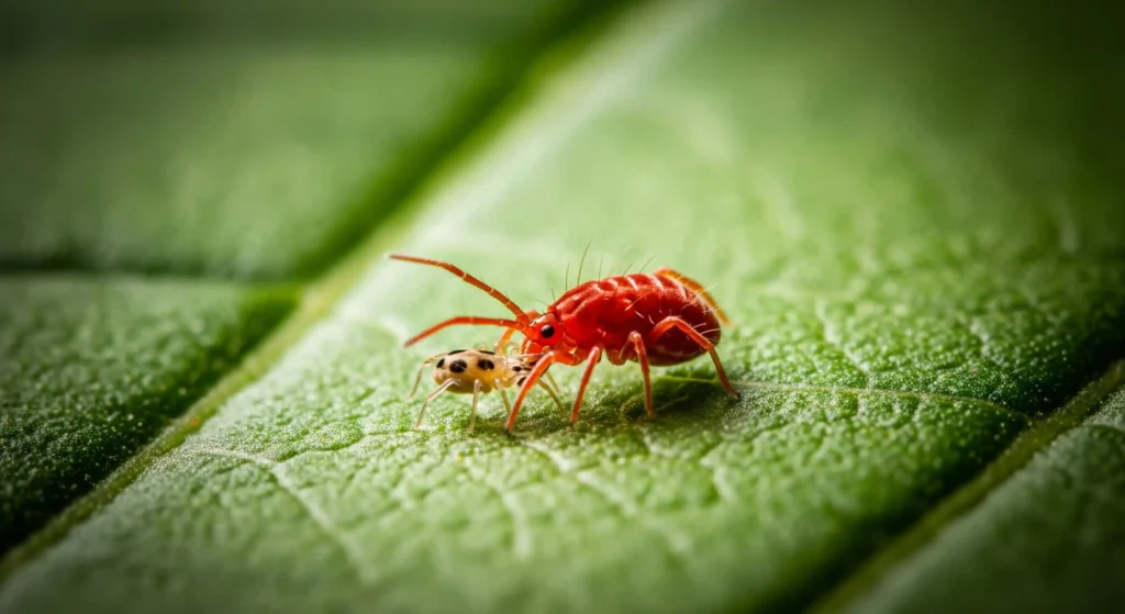 A close-up of a red predatory mite, a form of biological control, hunting a two-spotted spider mite on a plant leaf.