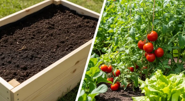 Clear visual comparison of a structured raised garden bed alongside a natural in-ground garden plot.