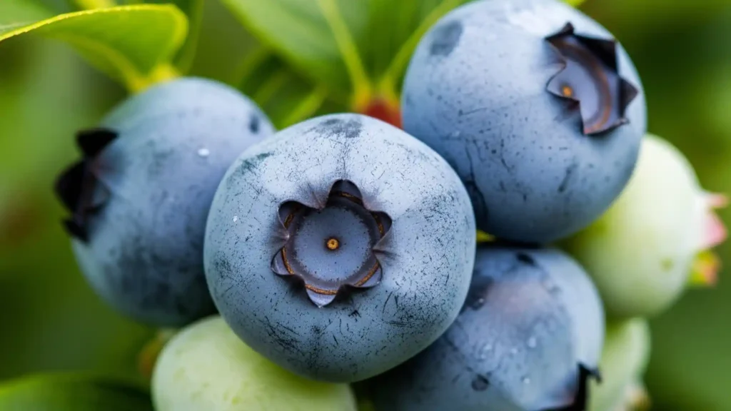 A detailed close-up of a cluster of perfectly ripe, dark blue-purple blueberries still attached to their vibrant green foliage. The berries prominently display their natural, silvery-white "bloom," a key indicator of freshness and ripeness. This image emphasizes the visual guide for identifying peak-condition blueberries, an essential technique for successful blueberry picking.