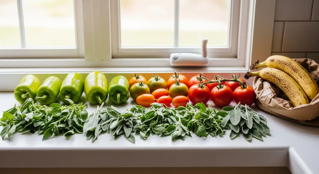 Your Tomato Season Isn't Over: 7 Smart Things to Do With End-of-Season Plants 1 A collection of fresh produce is arranged on a white countertop in front of a window. From left to right, there are five light green bell peppers lying horizontally, followed by several bunches of green basil leaves. Next to the basil, there are six small orange tomatoes, then six larger orange tomatoes, and finally, a cluster of six ripe red tomatoes still attached to their vine. To the right of the red tomatoes, there are several silvery-green sage leaves laid out. Behind the vegetables, on the right side of the frame, three yellow bananas with brown spots rest in a brown paper bag. The countertop is bright white and reflects some of the light from the window behind. The window has white frames and multiple panes. Outside the window, a blurry view of greenery and lighter areas can be seen. Above the produce, attached to the window frame, is a small white electronic device with a short antenna. The background also shows a section of a light-colored tiled wall to the right of the window. The lighting in the scene appears to be natural daylight coming from the window, casting soft shadows.