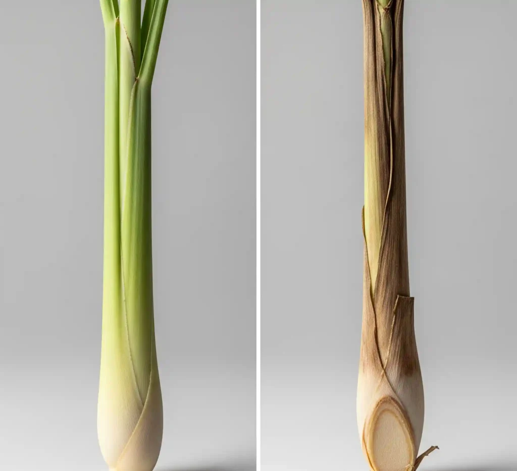 How to Grow Lemongrass: A Guide Supported by Science 2 A comparison image showing two lemongrass stalks side-by-side. The "good" stalk on the left is firm, green, and has a whole, undamaged basal plate at the bottom, crucial for propagation. The "bad" stalk on the right is dry and withered, and its basal plate has been cut off, making it unsuitable for growing.