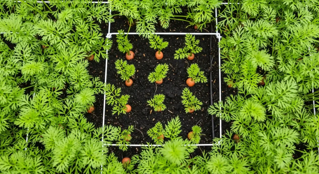 Grow a huge harvest using square foot gardening to start the small-space revolution. 1 A close-up of a single square in a garden, demonstrating the square foot gardening plant spacing for 16 carrots.