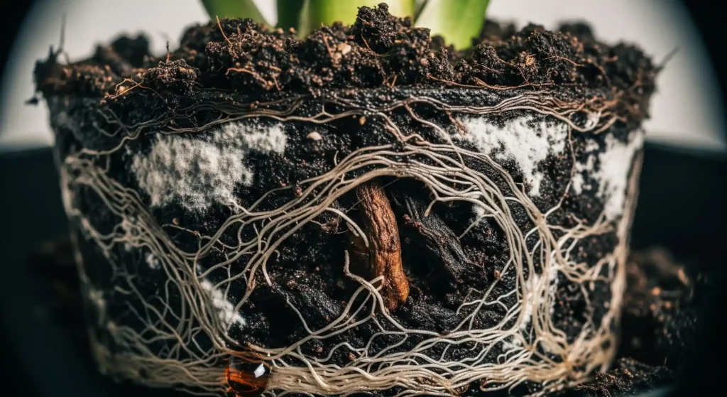 Close-up of plant roots in soggy, moldy soil, illustrating root rot and fungal growth caused by watering with soda.