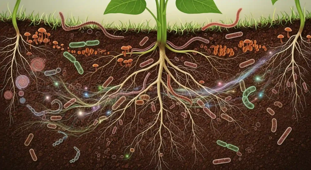 The Real Truth About Banana Peels, Coffee Ground, and Eggshells—Your Garden is Being Lied To. 4 Conceptual illustration of vibrant soil biology, showing microbes and roots engaged in nutrient mineralization for plant uptake.