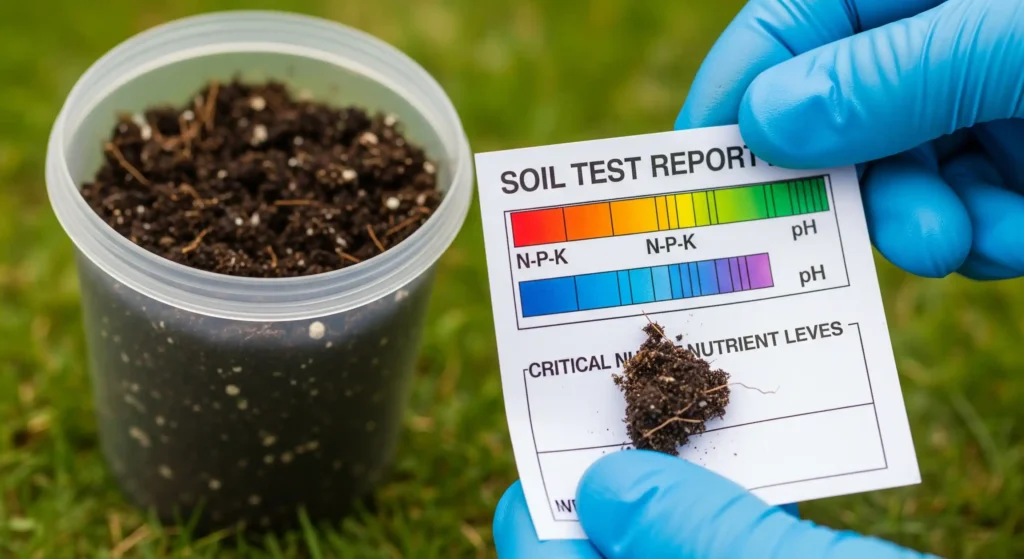 Your Lawn is Large. Your Budget is Not. This is the Smartest Way to Fertilize. 1 Close-up of a soil test kit and report, emphasizing how testing saves money on large lawn fertilizer.