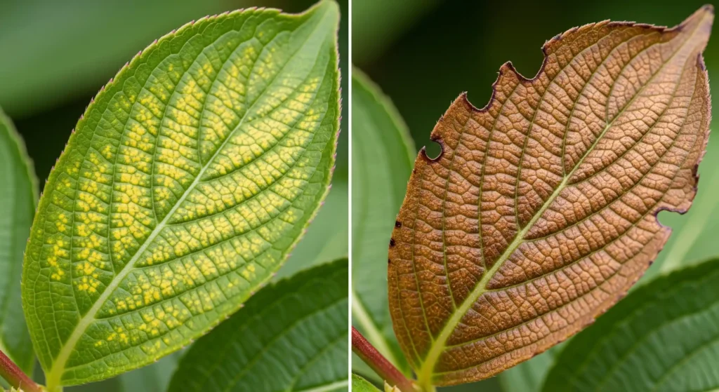 A comparison of spider mite damage on Weigela leaves, showing early stippling versus the advanced bronzing of the foliage.