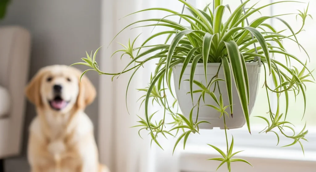 Best Beginner-Friendly Houseplants: Green Bliss Without the Stress! 2 A lush Spider Plant with dangling spiderettes, an easy-care and pet-friendly houseplant perfect for beginner plant parents with animals.