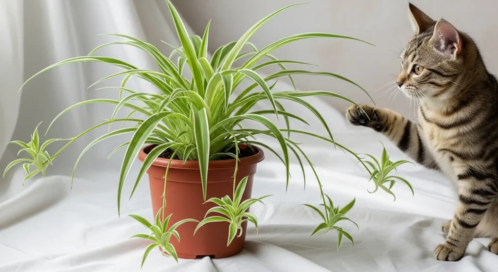 Your Ultimate Guide to the Best Pet-Friendly (Non-Toxic) Houseplants: Pawsitively Green & Perfectly Safe! 1 A terracotta-colored pot holds a spider plant with long, variegated leaves that are primarily light green with thin white stripes along the edges. The plant's leaves arch outward and cascade downwards, creating a full and somewhat unruly appearance. Several smaller plantlets, or "spiderettes," hang from long, slender stems that extend from the main plant. These smaller offshoots also feature the same striped leaves. The pot itself is plain and unadorned. A cat is gently pointing with its paw at the plant. The plant and the cat are situated on a surface draped with a white fabric that has soft folds and wrinkles. The background is a blurred, light beige or off-white, providing a neutral backdrop that highlights the plant and the cat. The lighting appears to be soft and diffused, minimizing harsh shadows.